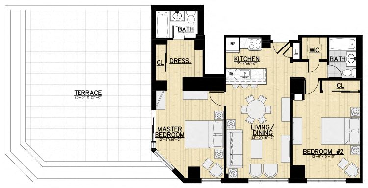 Floor plan for 2 beds, 2 baths, 1038 sqft